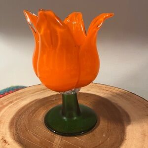 1 Hand Blown Glass Orange TULIP With Green Base 6,5 inch